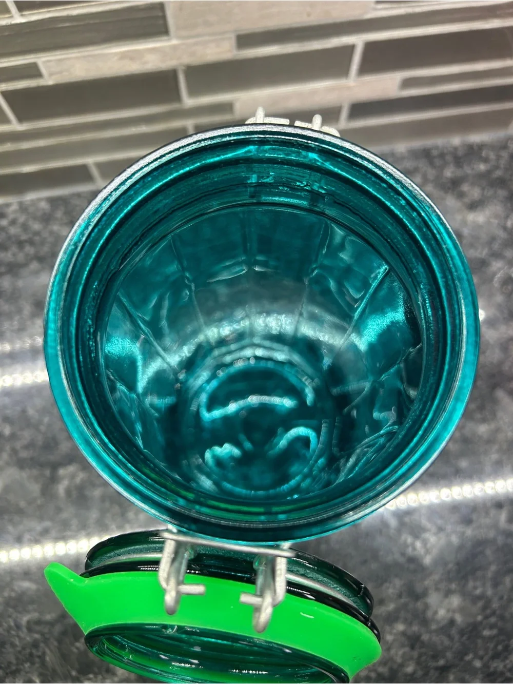 VINTAGE EMERALD GREEN GLASS 12 PANEL CANISTERS JAR WIRE BAIL HINGED LID New Seal